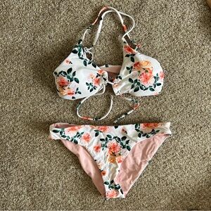 Sexy Tie Front Floral Bikini Set with Pink Peach and Green Accents